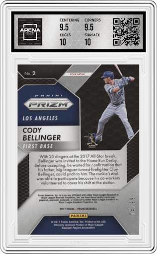 Cody Bellinger from the 2017 Panini Chronicles set featuring a Purple Scope parallel graded by Arena Club and given an overall grade of 10.