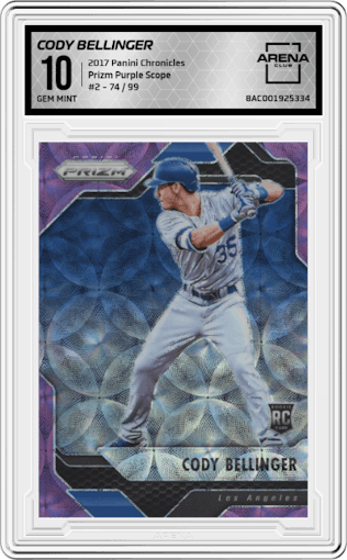 Cody Bellinger from the 2017 Panini Chronicles set featuring a Purple Scope parallel graded by Arena Club and given an overall grade of 10.