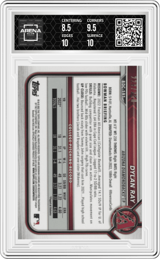 Dylan Ray from the 2022 Bowman Draft set featuring a Purple Refractor parallel graded by Arena Club and given an overall grade of 9.