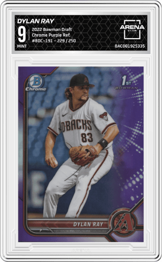 Dylan Ray from the 2022 Bowman Draft set featuring a Purple Refractor parallel graded by Arena Club and given an overall grade of 9.