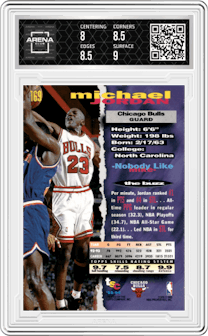 Michael Jordan from the 1993-94 Topps Stadium Club set featuring a Members Only parallel graded by Arena Club and given an overall grade of 8.5.