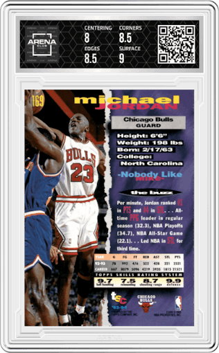 Michael Jordan from the 1993-94 Topps Stadium Club set featuring a Members Only parallel graded by Arena Club and given an overall grade of 8.5.