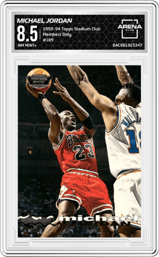 Michael Jordan from the 1993-94 Topps Stadium Club set featuring a Members Only parallel graded by Arena Club and given an overall grade of 8.5.