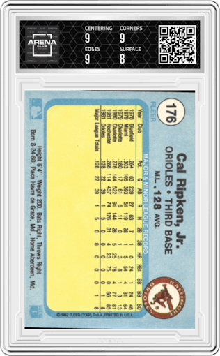 Cal Ripken, Jr. from the 1982 Fleer set graded by Arena Club and given an overall grade of 8.5.