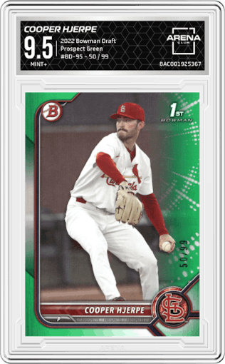 Cooper Hjerpe from the 2022 Bowman Draft set featuring a Green parallel graded by Arena Club and given an overall grade of 9.5.