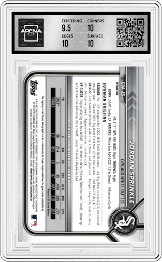 Jordan Sprinkle from the 2022 Bowman Draft set featuring a Refractor parallel graded by Arena Club and given an overall grade of 10.