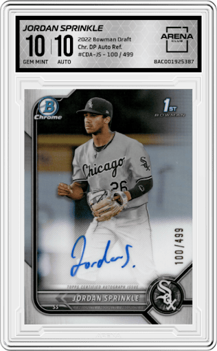 Jordan Sprinkle from the 2022 Bowman Draft set featuring a Refractor parallel graded by Arena Club and given an overall grade of 10.