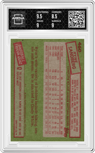 Ryne Sandberg from the 1985 Topps set graded by Arena Club and given an overall grade of 9.