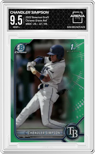 Chandler Simpson from the 2022 Bowman Draft set featuring a Green Refractor parallel graded by Arena Club and given an overall grade of 9.5.