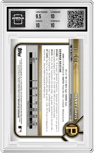 Henry Davis from the 2022 Bowman Chrome set featuring a Refractor parallel graded by Arena Club and given an overall grade of 10.