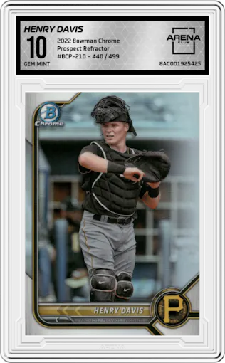 Henry Davis from the 2022 Bowman Chrome set featuring a Refractor parallel graded by Arena Club and given an overall grade of 10.