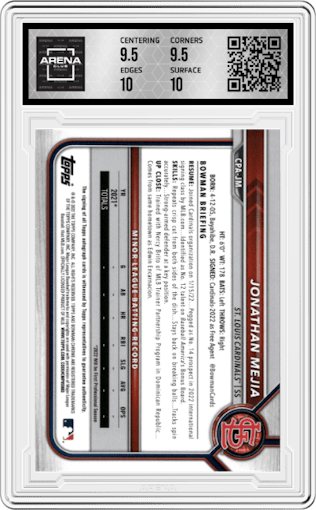 Jonathan Mejia  from the 2022 Bowman Chrome set graded by Arena Club and given an overall grade of 10.