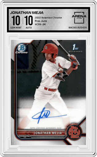 Jonathan Mejia  from the 2022 Bowman Chrome set graded by Arena Club and given an overall grade of 10.