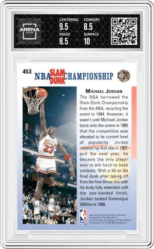 Michael Jordan from the 1992-93 Upper Deck  set graded by Arena Club and given an overall grade of 9.