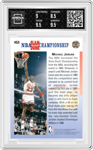 Michael Jordan from the 1992-93 Upper Deck  set graded by Arena Club and given an overall grade of 9.