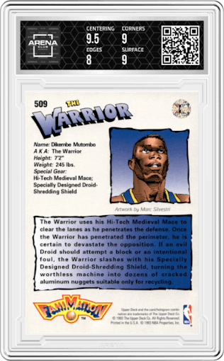 Dikembe Mutombo from the 1992-93 Upper Deck  set graded by Arena Club and given an overall grade of 8.5.