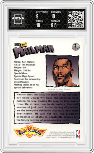 Karl Malone from the 1992-93 Upper Deck  set graded by Arena Club and given an overall grade of 9.5.