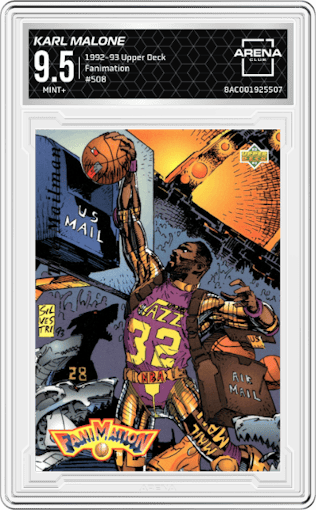 Karl Malone from the 1992-93 Upper Deck  set graded by Arena Club and given an overall grade of 9.5.