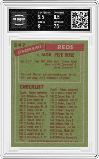Pete Rose from the 1985 Topps set graded by Arena Club and given an overall grade of 8.