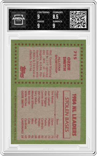 Ozzie Smith from the 1985 Topps set graded by Arena Club and given an overall grade of 9.