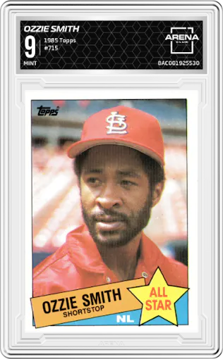 Ozzie Smith from the 1985 Topps set graded by Arena Club and given an overall grade of 9.