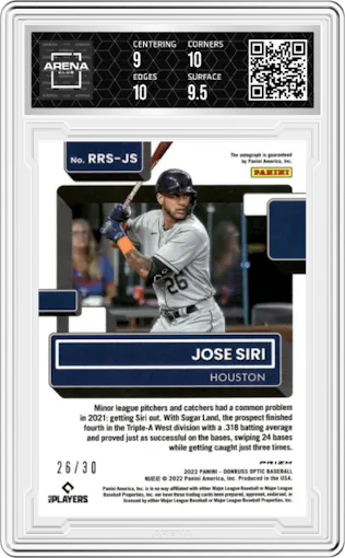 Jose Siri from the 2022 Donruss Optic set featuring a Black Cracked Ice  parallel graded by Arena Club and given an overall grade of 9.5.