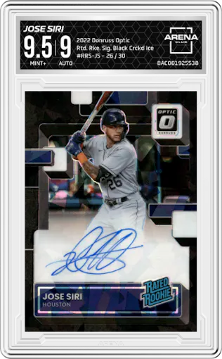 Jose Siri from the 2022 Donruss Optic set featuring a Black Cracked Ice  parallel graded by Arena Club and given an overall grade of 9.5.