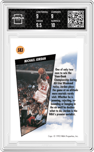 Michael Jordan from the 1991-92 Skybox set graded by Arena Club and given an overall grade of 9.5.