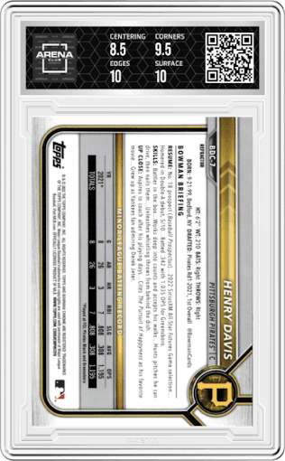 Henry Davis from the 2022 Bowman Draft set featuring a Refractor parallel graded by Arena Club and given an overall grade of 9.