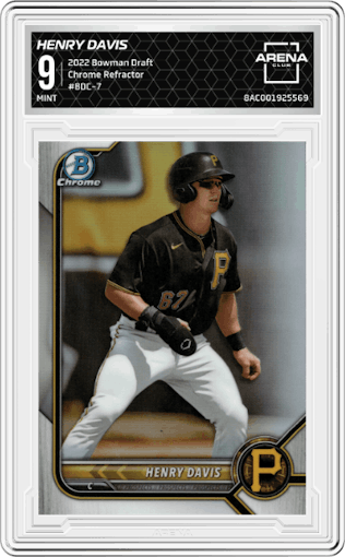Henry Davis from the 2022 Bowman Draft set featuring a Refractor parallel graded by Arena Club and given an overall grade of 9.