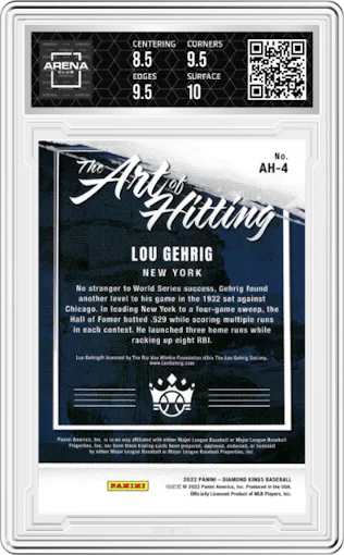 Lou Gehrig from the 2022 Panini Diamond Kings set featuring a Silver Holo parallel graded by Arena Club and given an overall grade of 9.