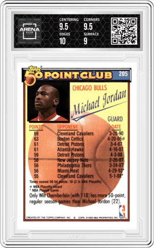 Michael Jordan from the 1992-93 Topps set graded by Arena Club and given an overall grade of 9.5.