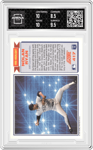 Nolan Ryan from the 1991 Score set graded by Arena Club and given an overall grade of 9.