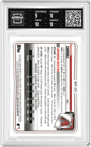 Corbin Carroll from the 2020 Bowman Chrome set featuring a Green Shimmer parallel graded by Arena Club and given an overall grade of 9.5.