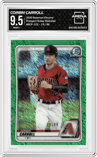 Corbin Carroll from the 2020 Bowman Chrome set featuring a Green Shimmer parallel graded by Arena Club and given an overall grade of 9.5.