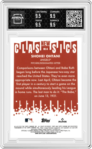 Shohei Ohtani from the 2022 Topps Chrome set graded by Arena Club and given an overall grade of 9.5.
