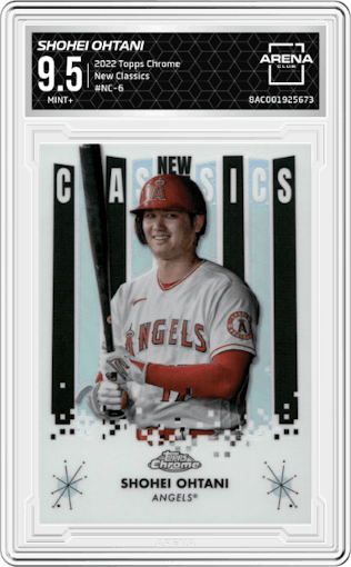Shohei Ohtani from the 2022 Topps Chrome set graded by Arena Club and given an overall grade of 9.5.
