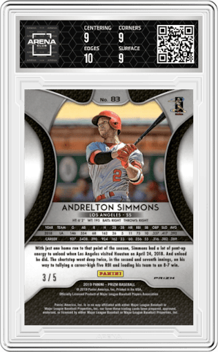 Andrelton Simmons from the 2019 Panini Prizm set featuring a Forest Green Flash parallel graded by Arena Club and given an overall grade of 9.5.