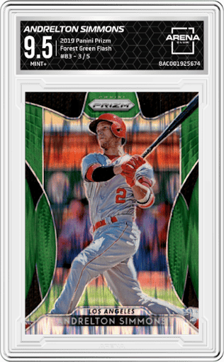 Andrelton Simmons from the 2019 Panini Prizm set featuring a Forest Green Flash parallel graded by Arena Club and given an overall grade of 9.5.