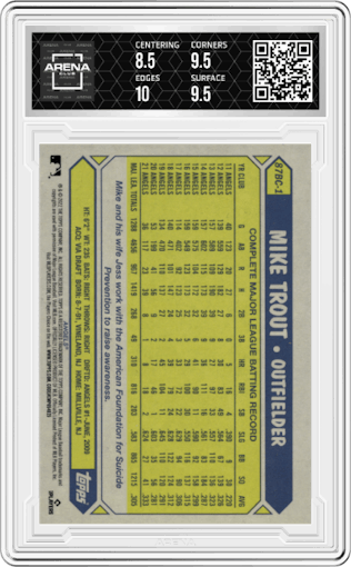 Mike Trout from the 2022 Topps Chrome set graded by Arena Club and given an overall grade of 9.