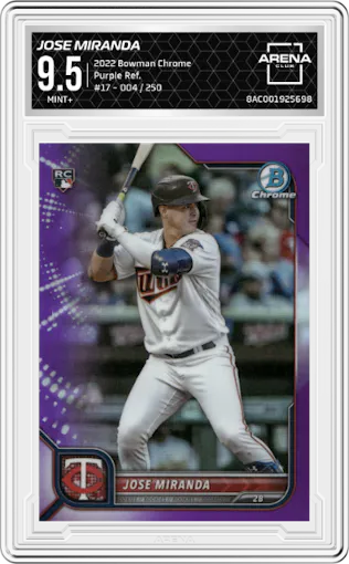 Jose Miranda from the 2022 Bowman Chrome set featuring a Purple Refractor parallel graded by Arena Club and given an overall grade of 9.5.