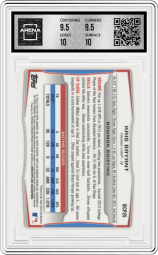 Kris Bryant from the 2014 Bowman set graded by Arena Club and given an overall grade of 10.
