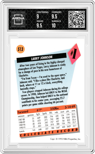 Larry Johnson from the 1991-92 Skybox set graded by Arena Club and given an overall grade of 9.5.