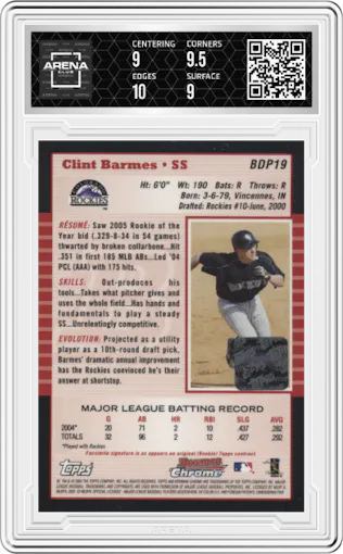 Clint Barmes from the 2006 Bowman Originals set graded by Arena Club and given an overall grade of 9.5.