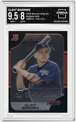 Clint Barmes from the 2006 Bowman Originals set graded by Arena Club and given an overall grade of 9.5.