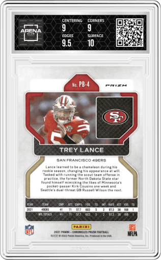 Trey Lance from the 2021 Panini Chronicles set featuring a Silver Prizm parallel graded by Arena Club and given an overall grade of 9.5.