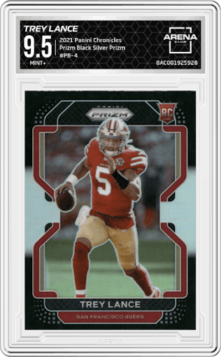 Trey Lance from the 2021 Panini Chronicles set featuring a Silver Prizm parallel graded by Arena Club and given an overall grade of 9.5.