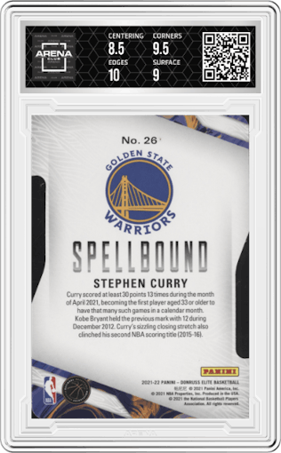 Stephen Curry from the 2021-22 Panini Donruss Elite  set featuring a Orange Die-Cut parallel graded by Arena Club and given an overall grade of 9.