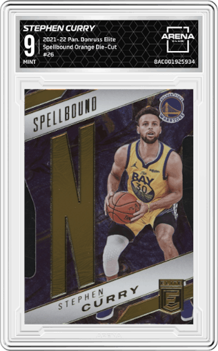 Stephen Curry from the 2021-22 Panini Donruss Elite  set featuring a Orange Die-Cut parallel graded by Arena Club and given an overall grade of 9.