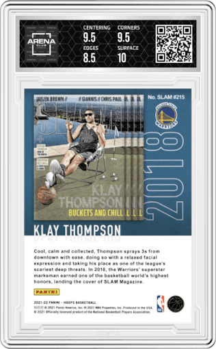 Klay Thompson from the 2021-22 Panini NBA Hoops set featuring a Holo parallel graded by Arena Club and given an overall grade of 9.